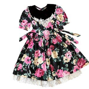 Vintage Jessica McClintock Novelty Floral Print Velvet Collar Dress 6X USA